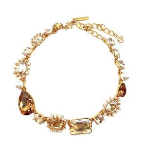 Oscar de la Renta Faux Pearl Yellow Crystal Starburst Chain Collar Necklace